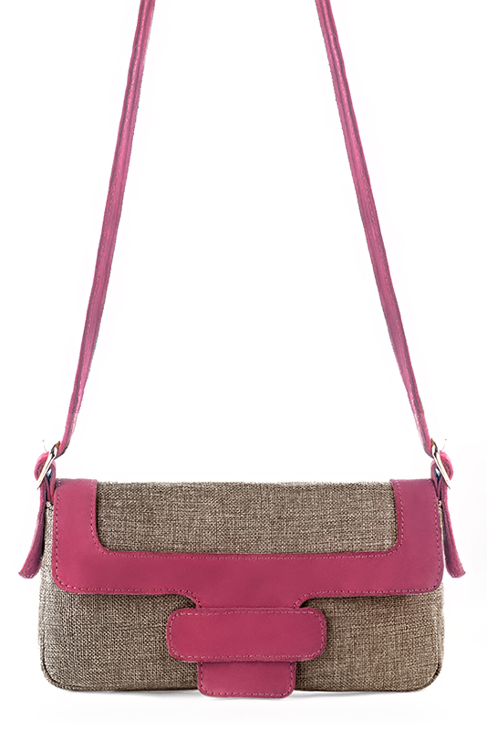 Tan beige and fuschia pink women's dress handbag, matching pumps and belts. Top view - Florence KOOIJMAN